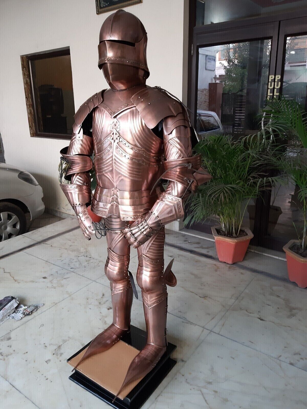 German Gothic Suit Battle Ready Warrior Full Body Armor Costume with Wooden Base