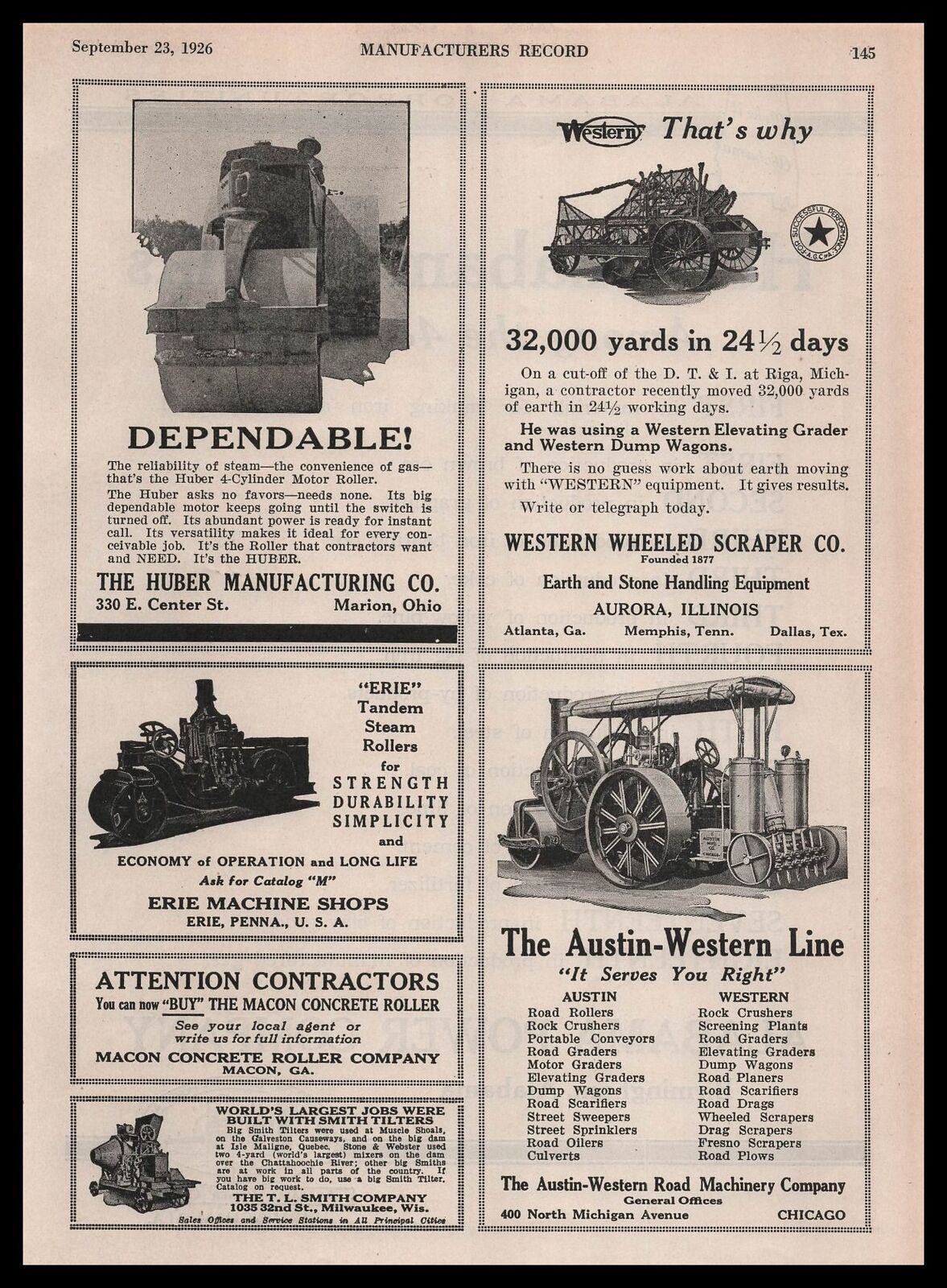 1926 Huber Manufacturing Marion Ohio Photo 4-Cylinder Road Motor Roller Print Ad