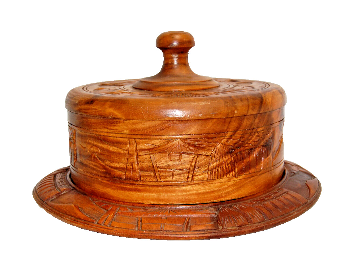 Wooden Cake Stand with Dome Cover Lazy Susan Hand Carved   Vintage  M5169