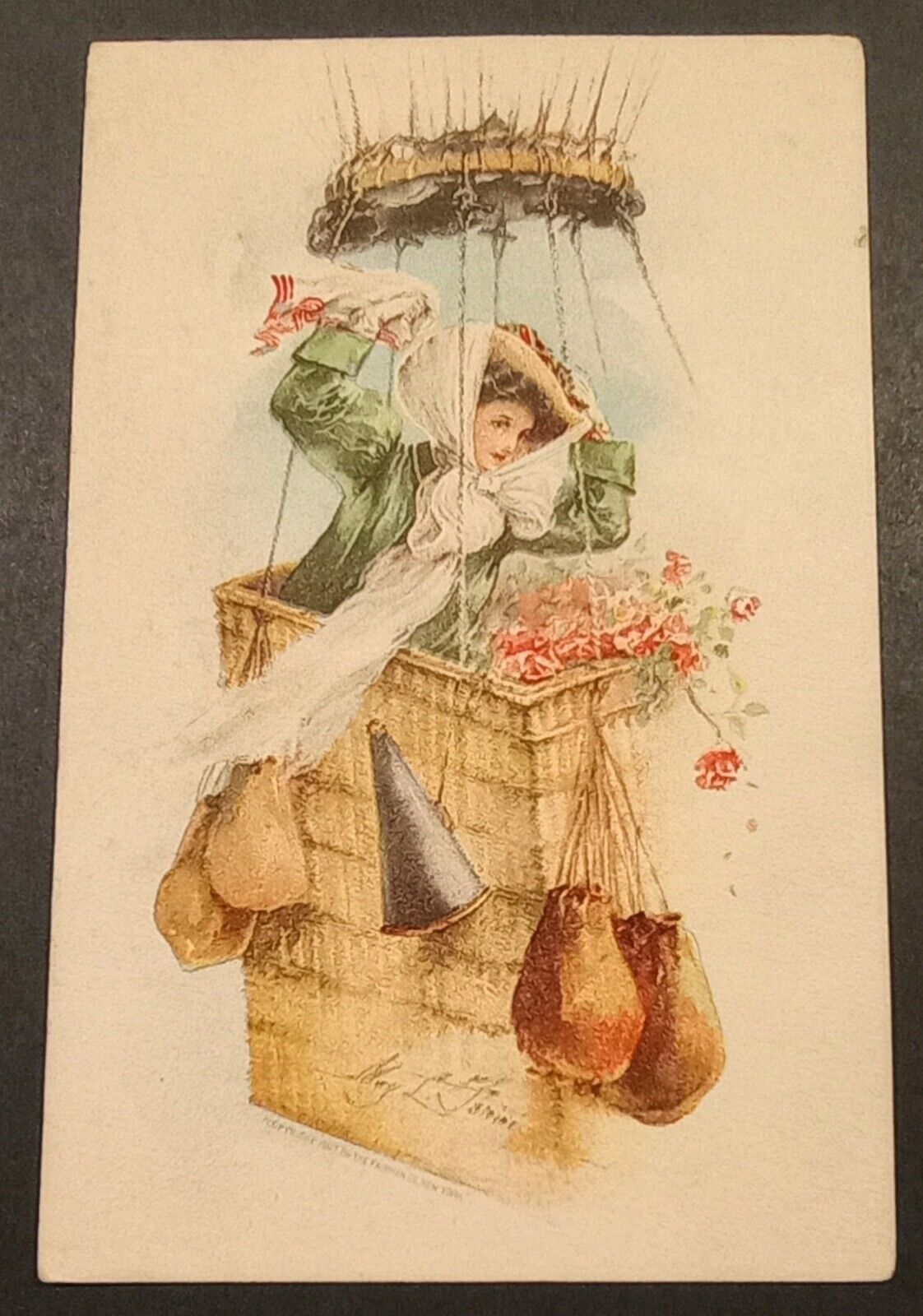 1907 Artist Signed MAY L. FARINI Postcard Pretty Lady staging at hot air balloon