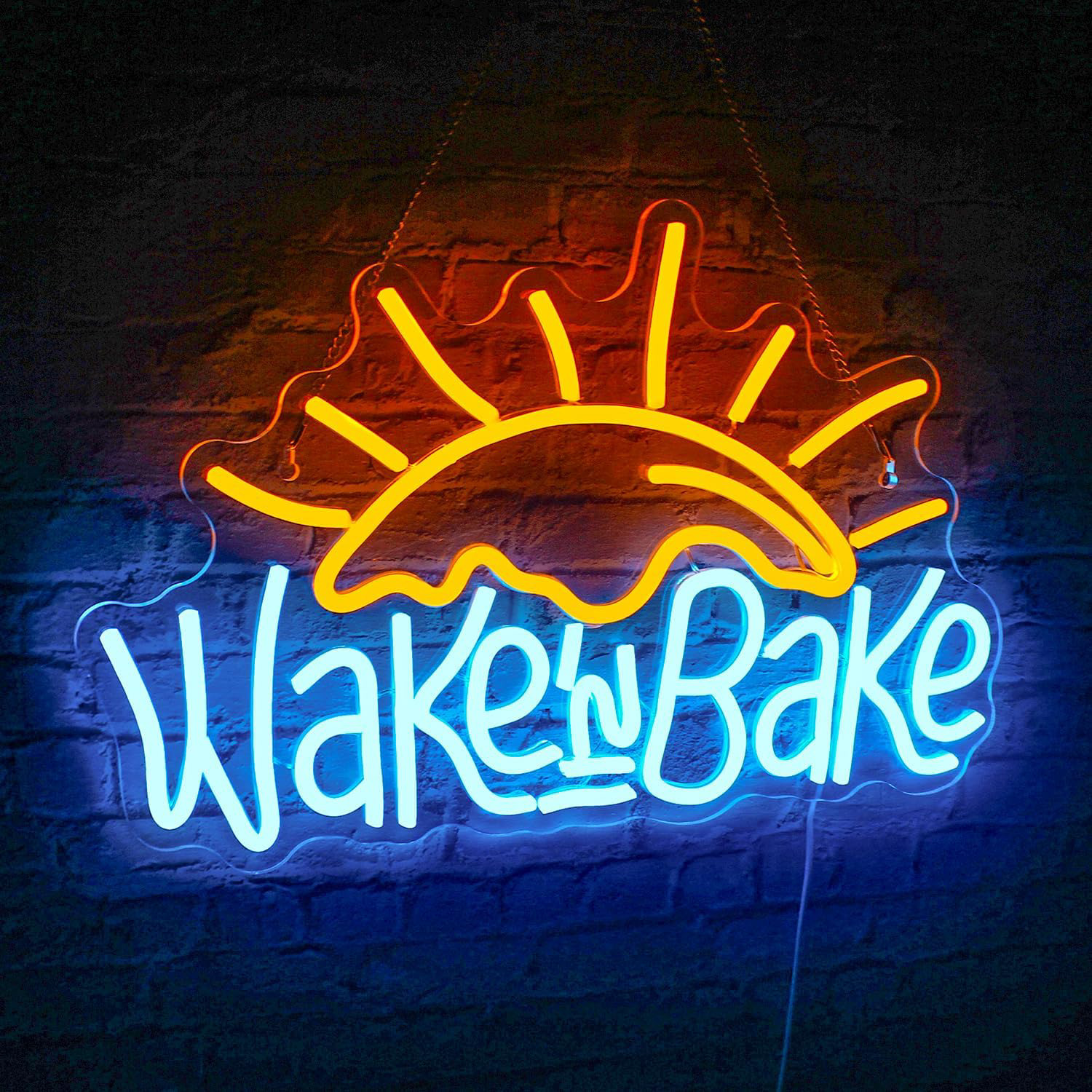 Wake in Bake Neon Signs Yellow Blue LED Neon Signs for Wall Decor, USB Fried for