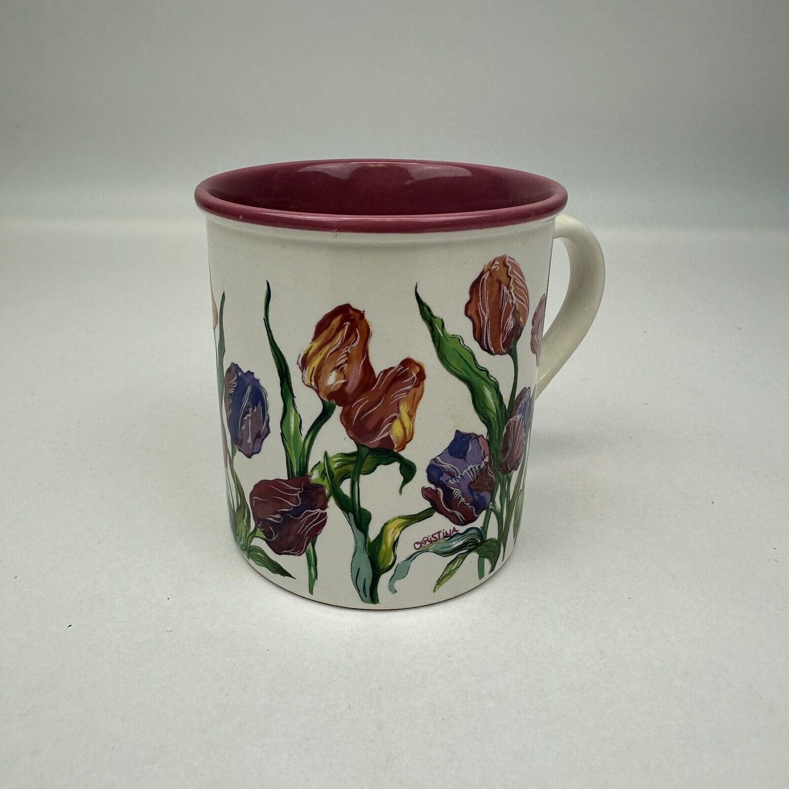 Vintage 1989 Potpourri Press Multicolor Tulip Mug w/ Dusty Rose Pink Interior