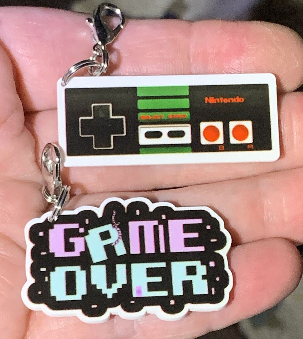 2 Pc Acrylic Nintendo Remote Game Over Charm Zipper Pull & Keychain Add On Clips