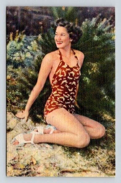 Vintage Bathing Beauty Pinup Girl, Swimsuit - Linen Postcard