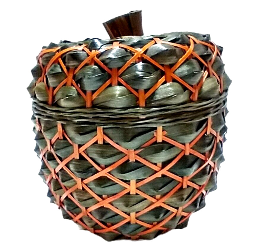 Pineapple Shaped Basket Jar, Vintage Woven Bamboo Canister w/ Lid Green & Orange