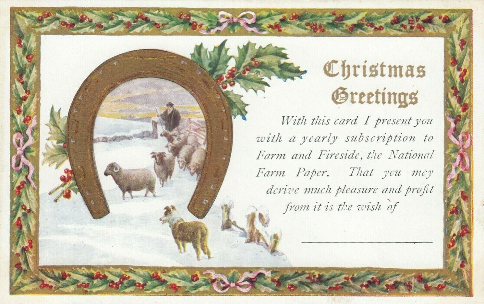 Vintage Christmas  Postcard  HORSESHOE SHEEP   ADVERTISEMENT FARM & FIRESIDE