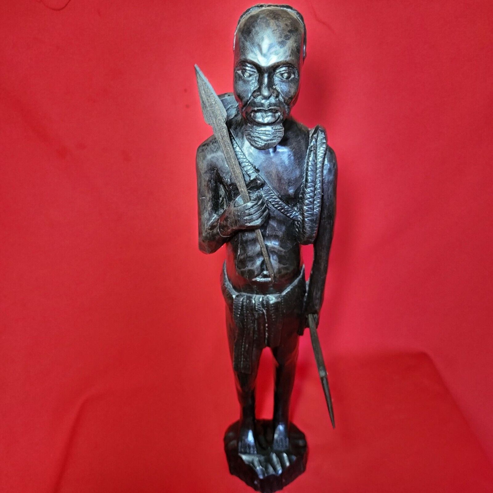 VTG African Tribal Hunter Man Holding Spear Hand Carved Wood Sculpture 20” Tall