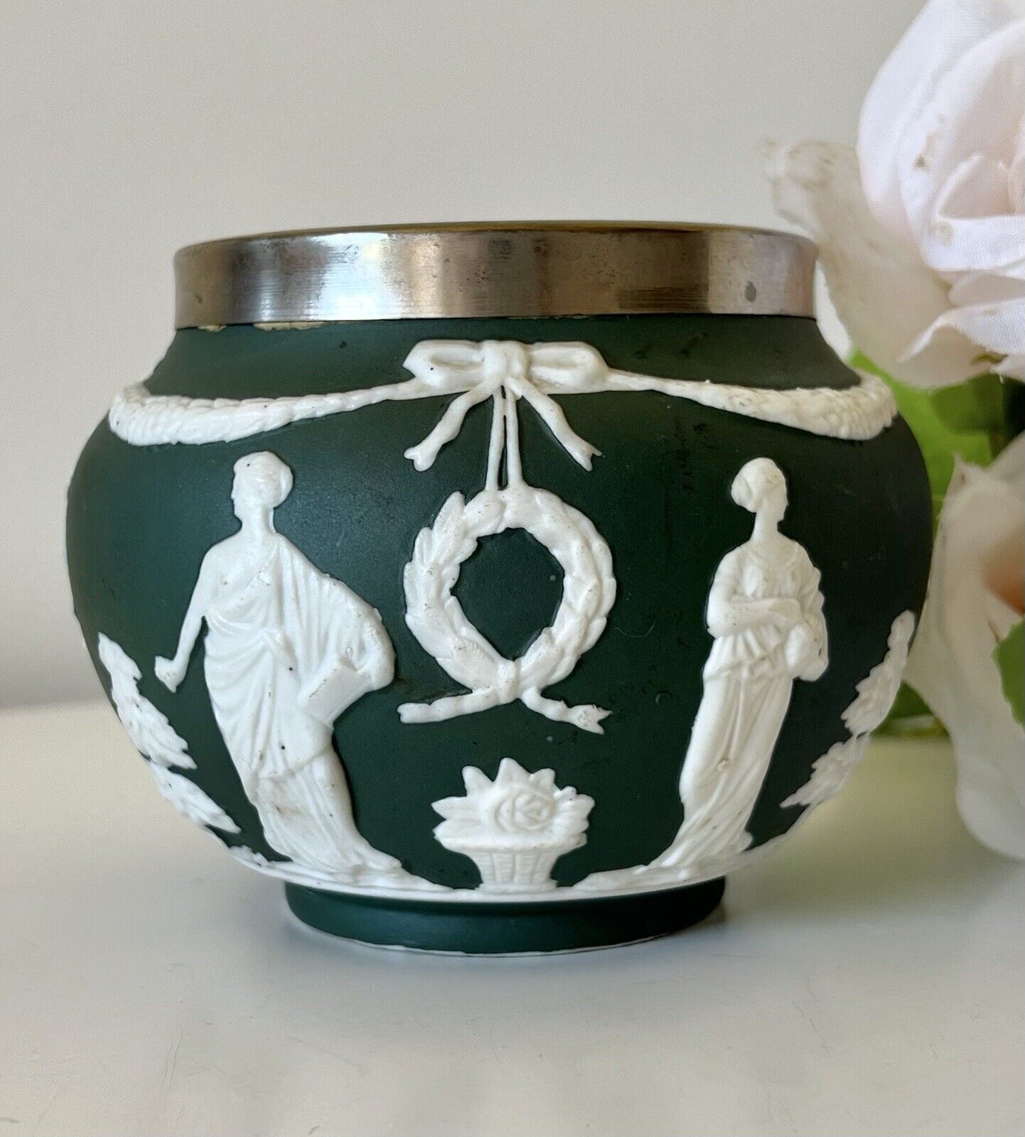 Antique Dark Green Porcelain Dresser Jar Vase Silver Wedgewood Jasperware Style