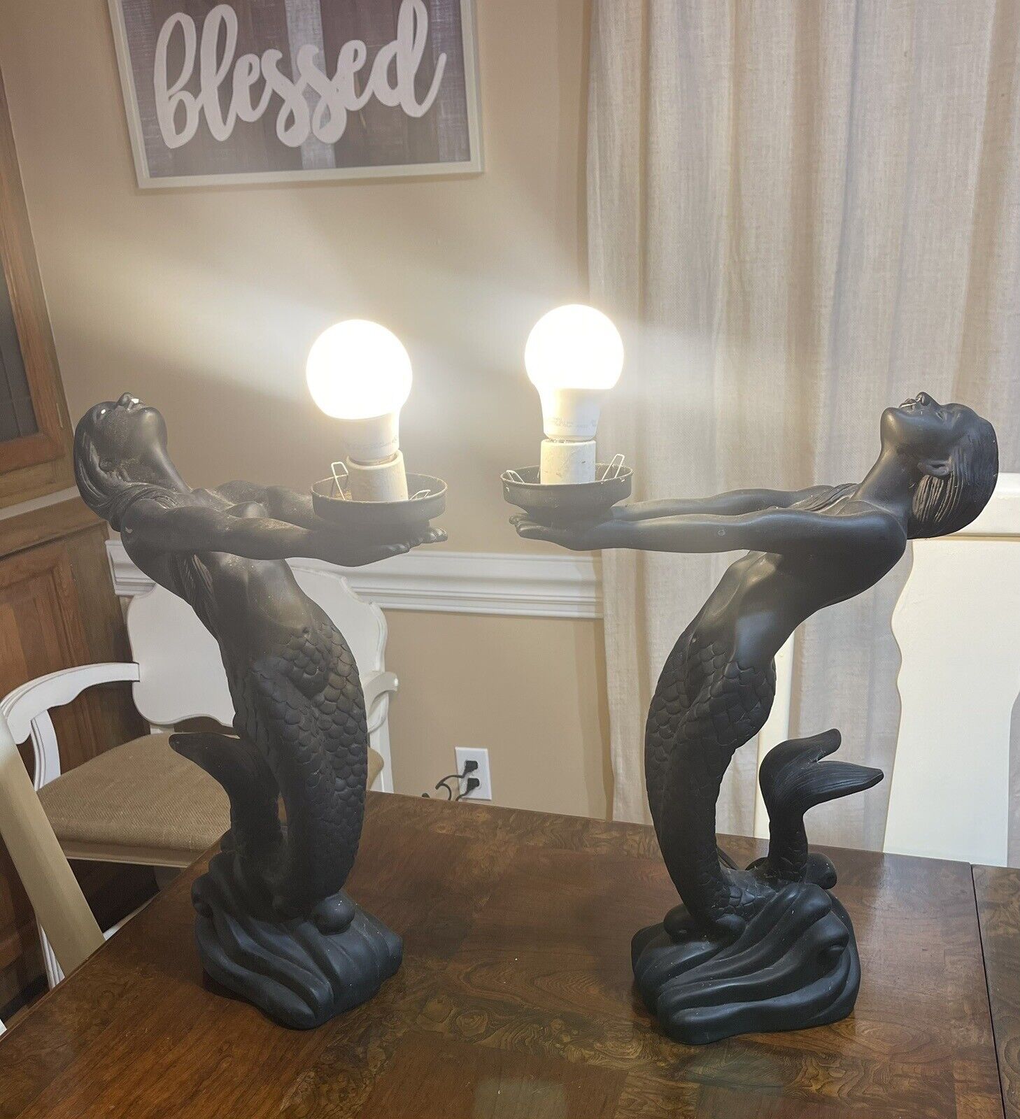 Vintage Art Deco Mermaid Nude Women Accent Table Lamp With Globe 24\
