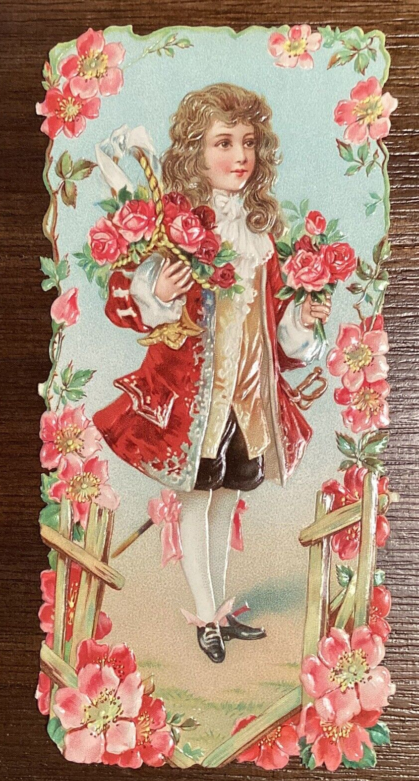 VICTORIAN DIE-CUT  SCRAP  EMBOSSED YOUNG  SUITOR HOLDING ROSES