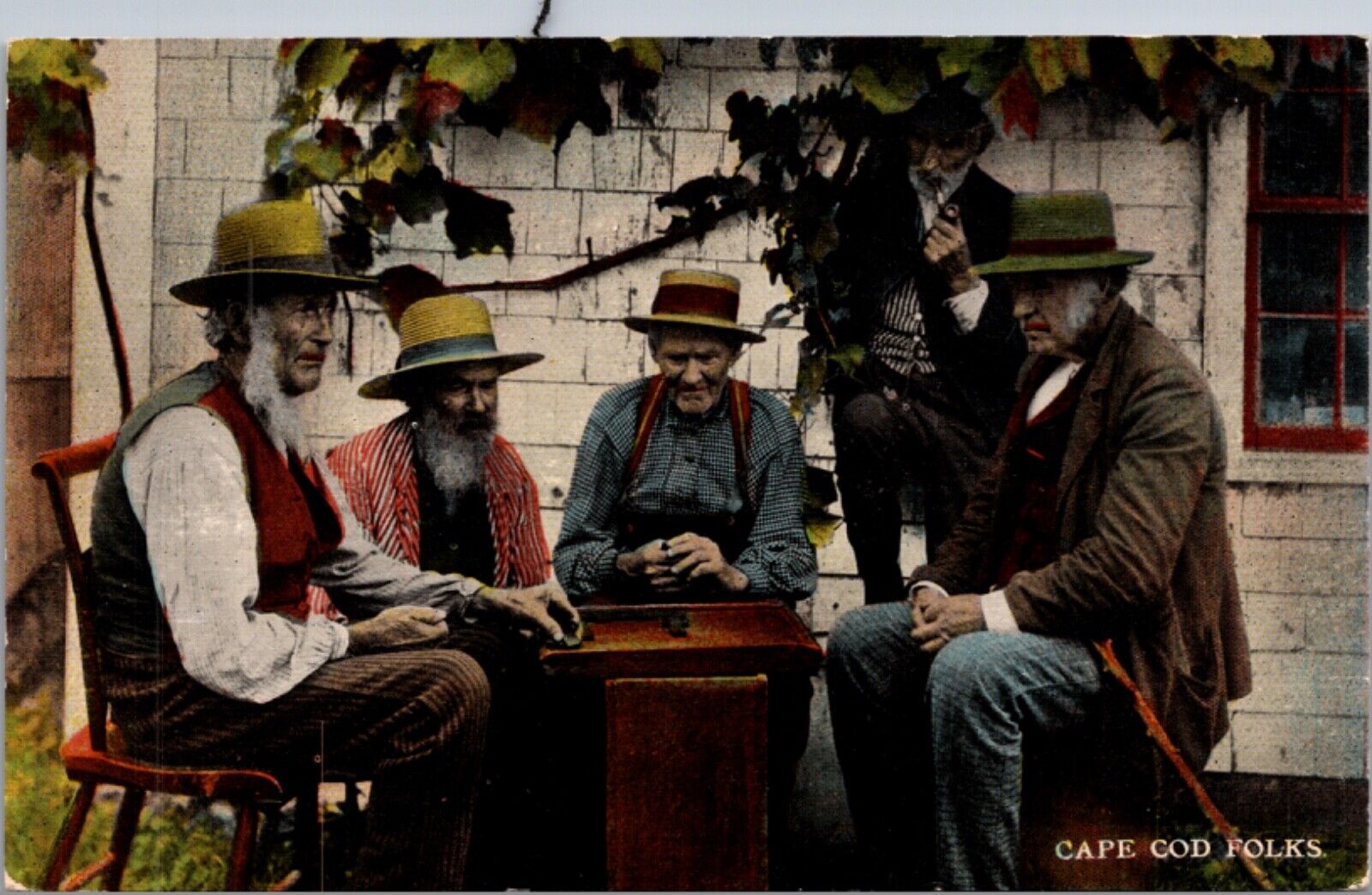 Postcard Cape Cod Folks, Older Men Sitting Around Playing Game, Massachusetts