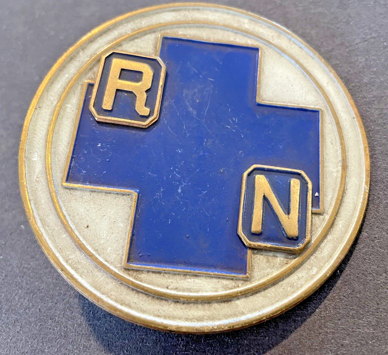 Vintage RN Registered Nurse Blue Cross Enamel Metal Auto Badge--528.23