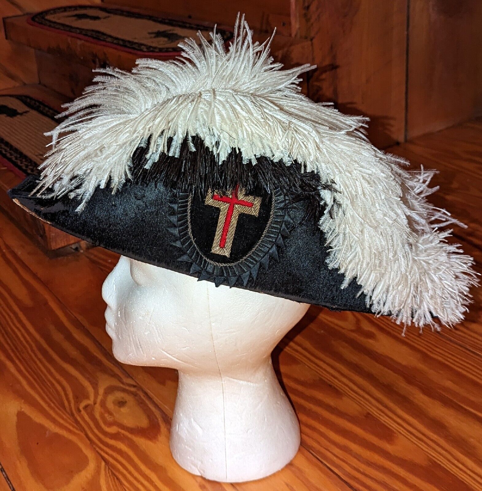 Vintage Antique Masonic Knights Templar Ostrich Feather Chapeau Hat, Free Mason 