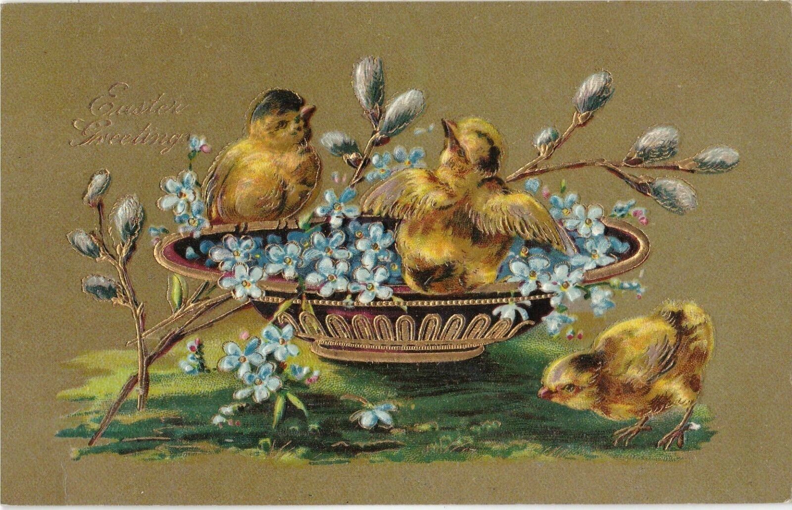 Postcard Easter Greetings Chicks Flowers Pussy Willow Embossed Gilded Posted 