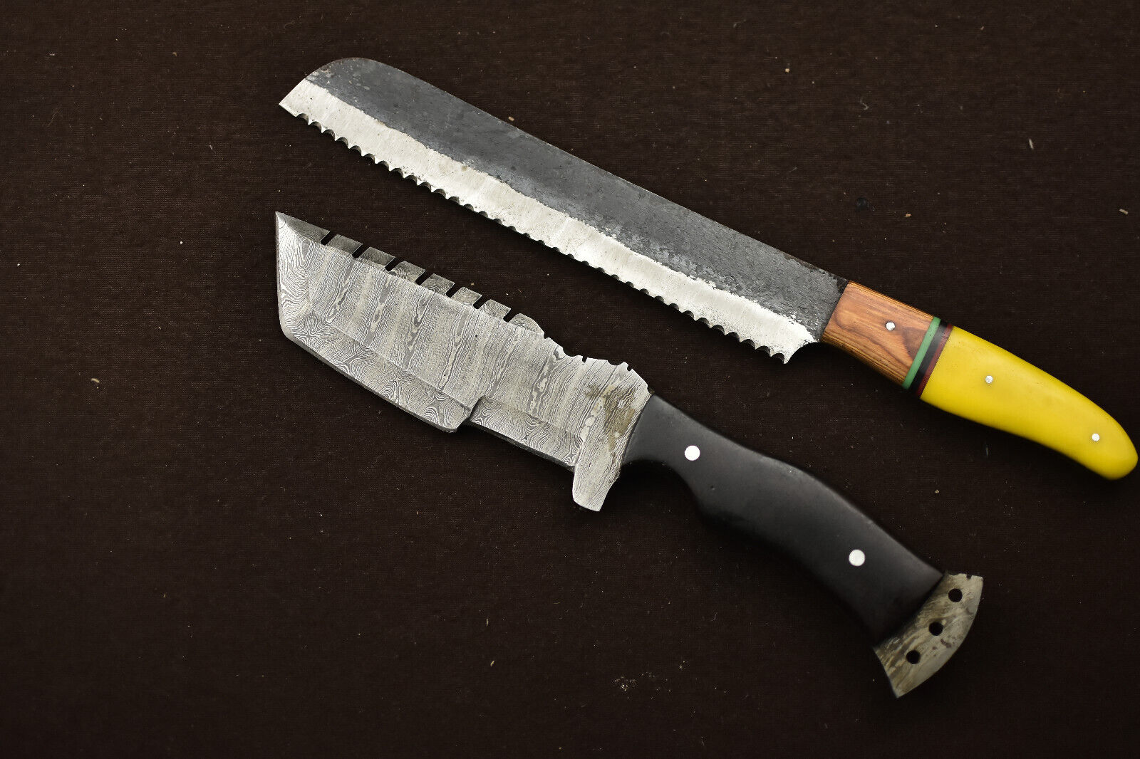 2Pcs Handmade Damascus Steel Hunting/Camping Skinner Knife - Wood Handle R-4090