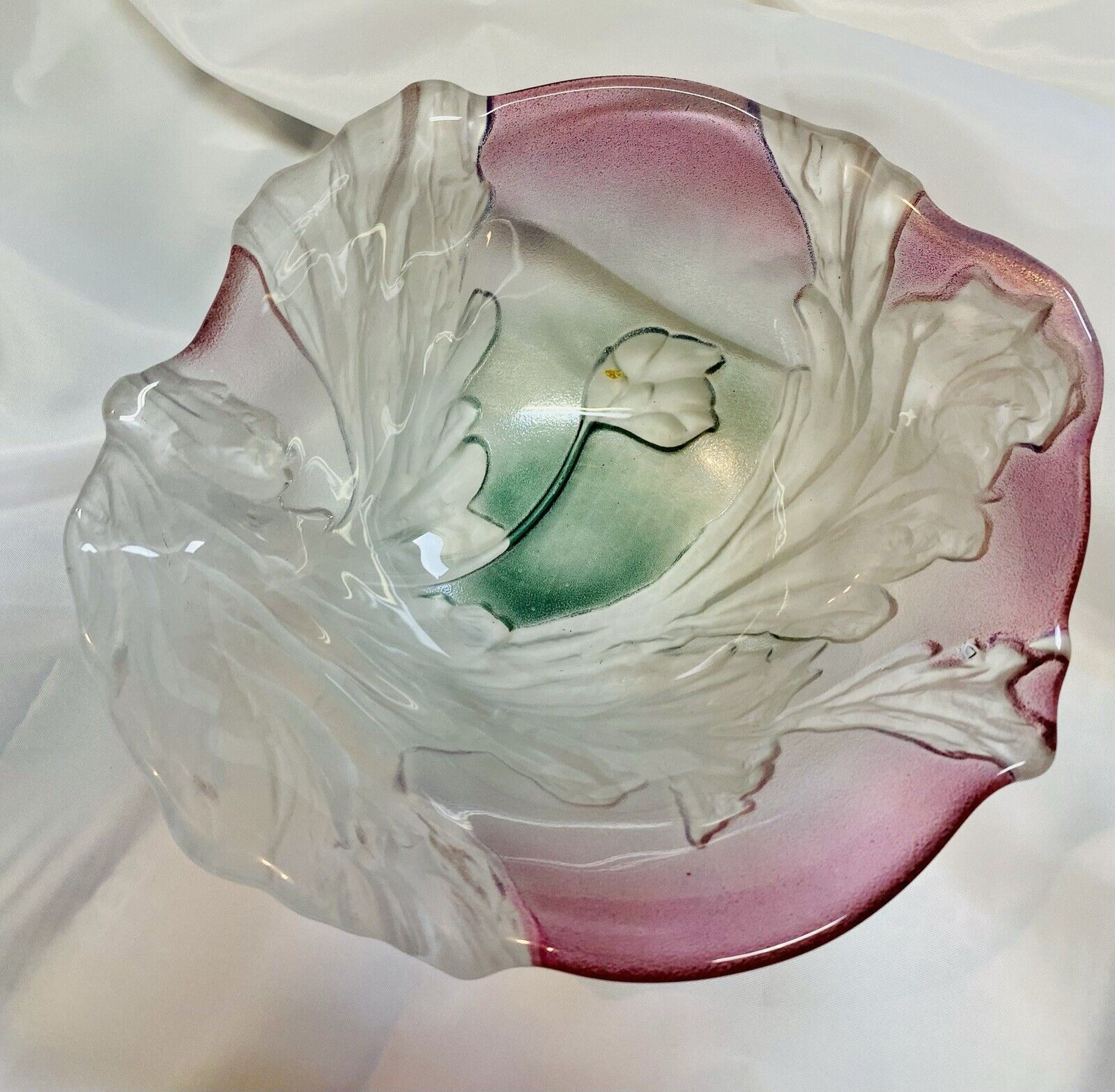 Vintage Mikasa Candy dish Frosted Swirl Leaf Design With Pink Green Flowers