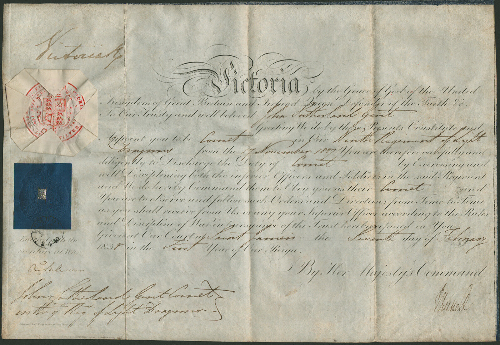 QUEEN VICTORIA (GREAT BRITAIN) - MILITARY APPOINTMENT SIGNED WITH CO-SIGNERS