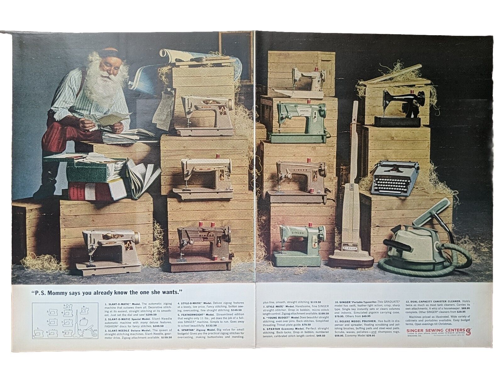 1962 Singer Sewing Machine Print Ad, Santa\'s Workshop, Christmas List For Mom