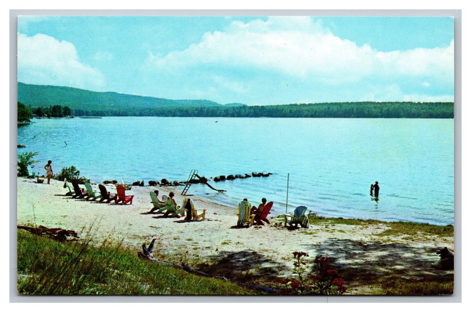 Newfound Lake, NH, Relaxing on Beach Bathing Scene, Chrome Postcard