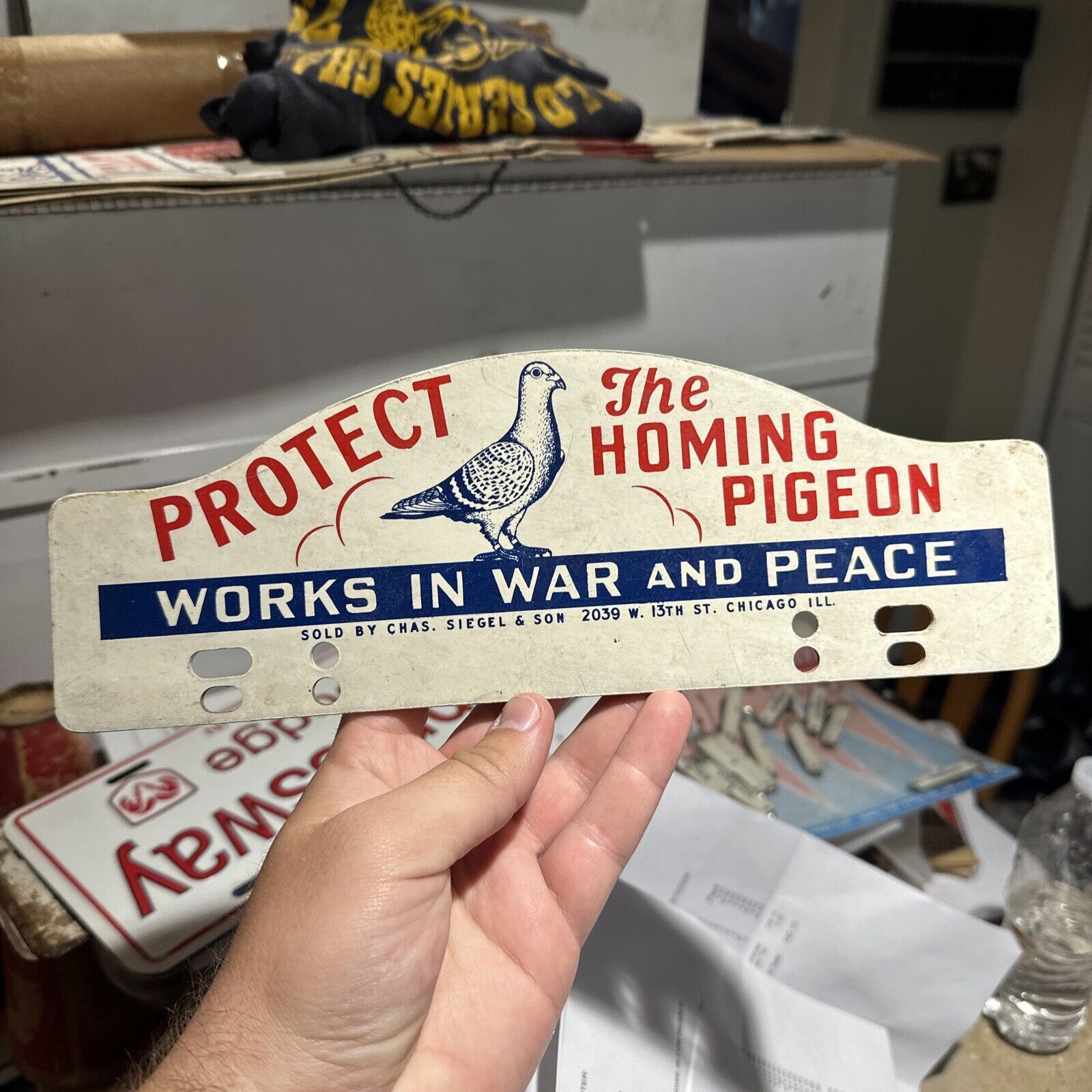 RARE 1940s Protect The Homing Pigeon WWII License Plate Topper WAR & PEACE