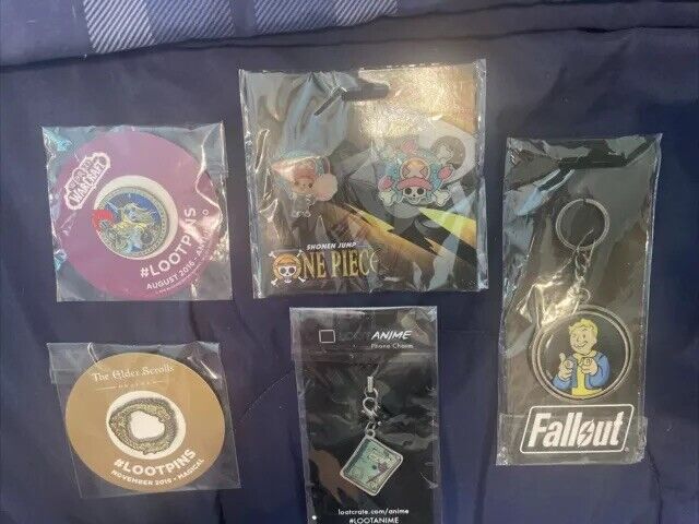 PIN AND KEYCHAIN LOT- Lootcrate WOW, The Elder Scrolls, Fallout And One Piece