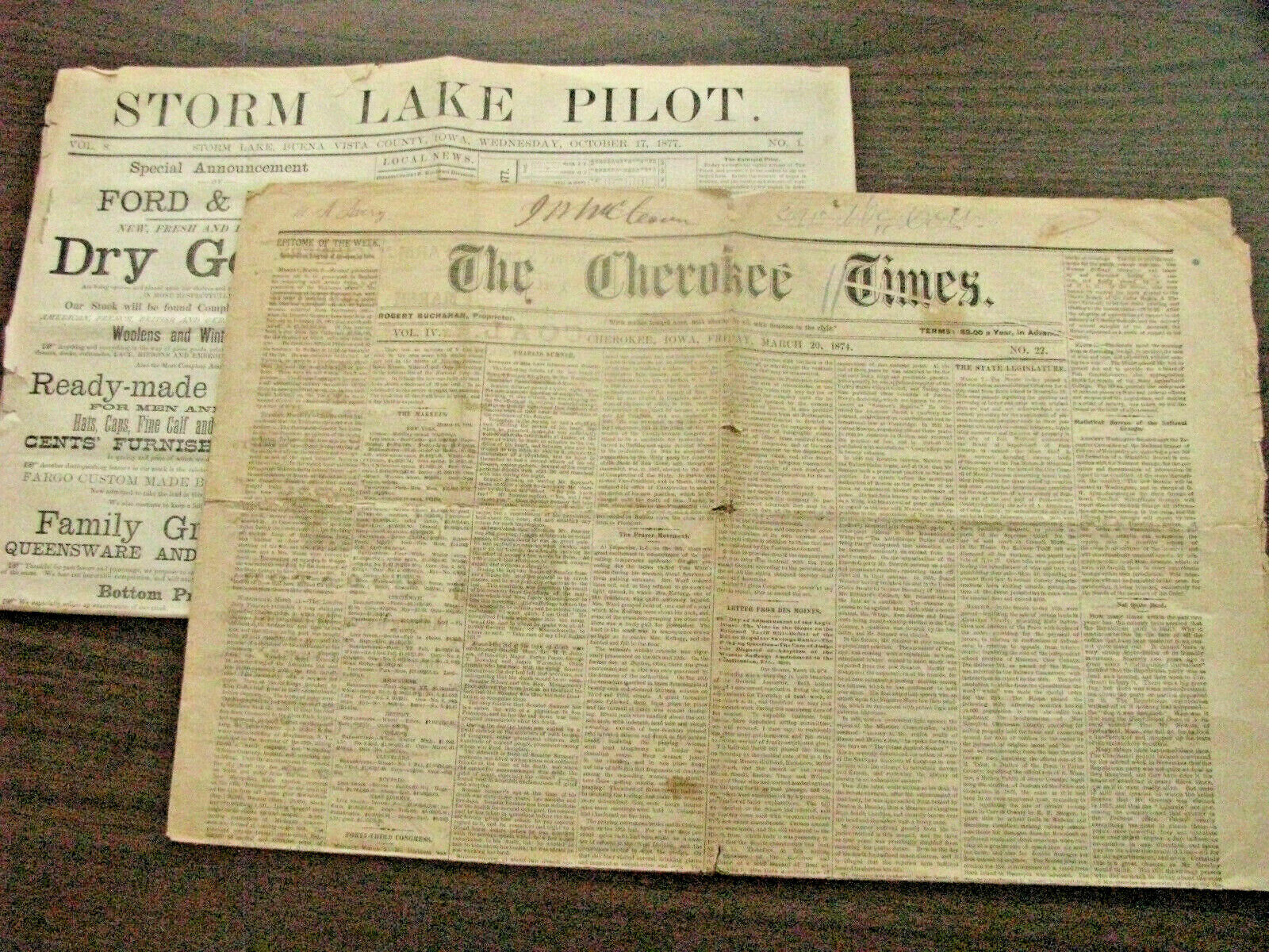 STORM LAKE AND CHEROKEE IOWA NEWSPAPERS 1870S