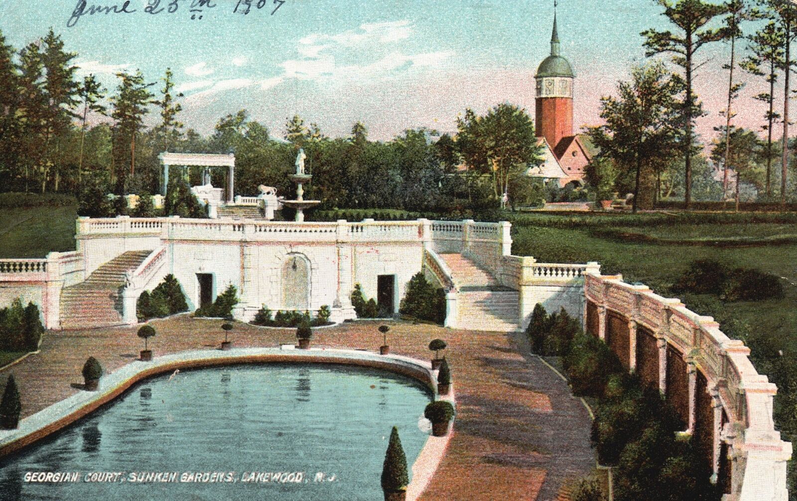 Vintage Postcard Georgian Court Sunken Gardens Pond Lakewood New Jersey NJ
