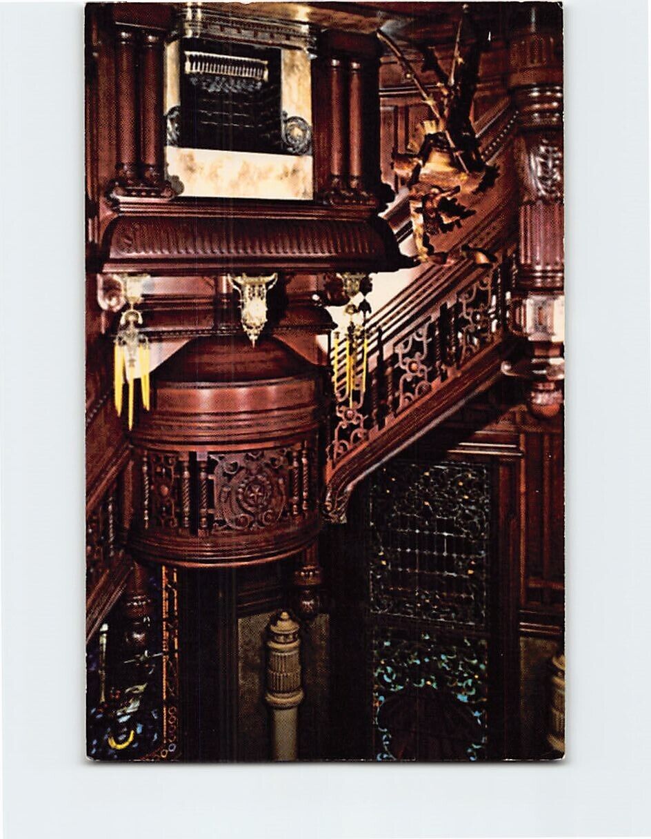 Postcard Circular Handcarved Staircase & Jeweled Glass Windows Bishop Palace