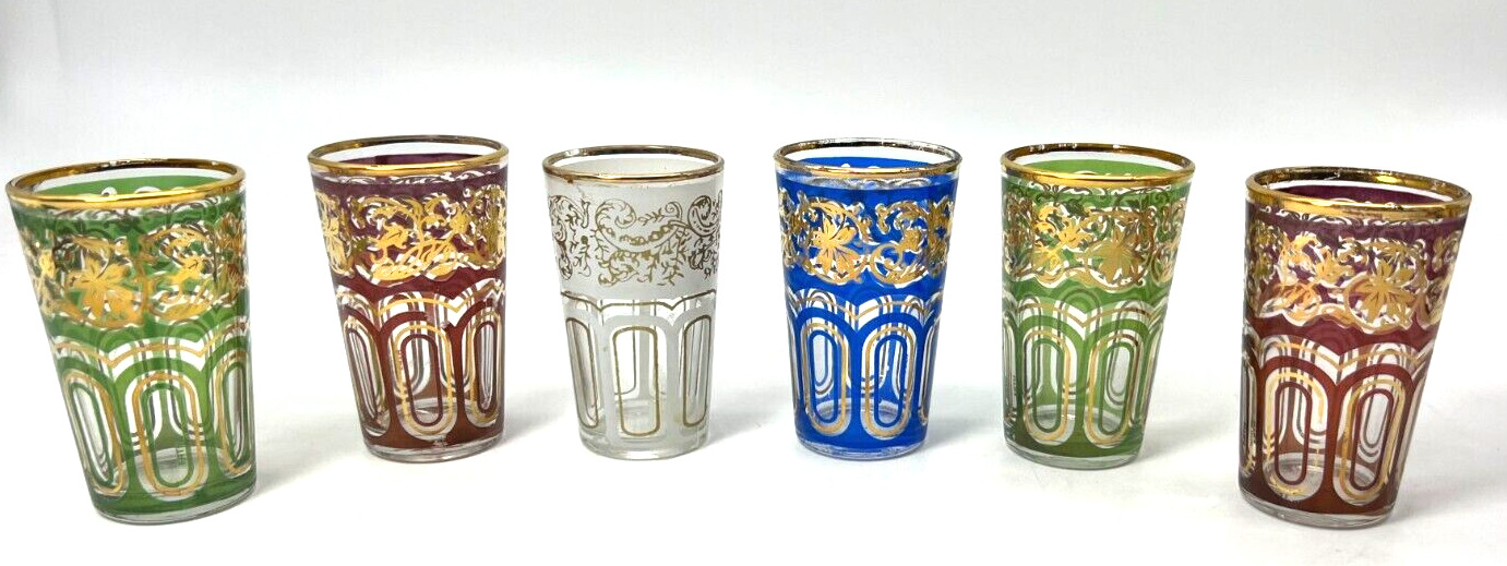 Vintage Set of Six Moroccan  Glasses with Gold Moorish Design