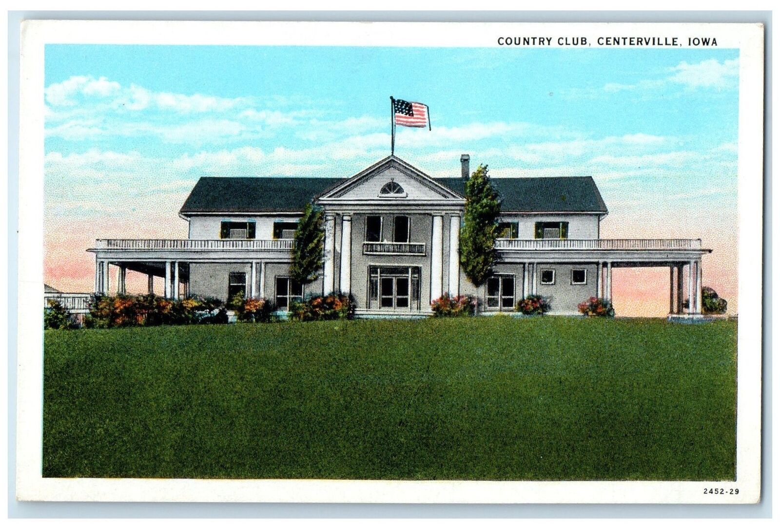 c1920\'s Country Club Building US Flag Entrance Ground Centervillle Iowa Postcard