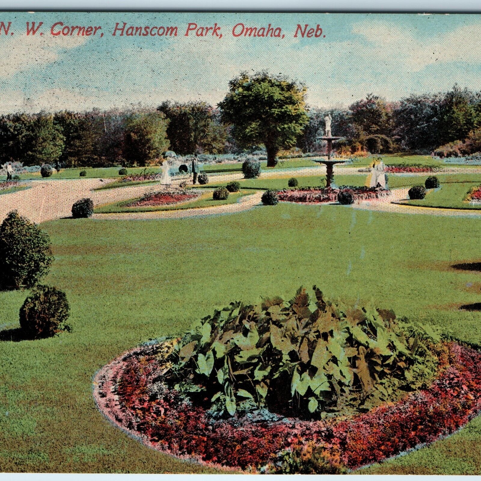 c1910s Omaha, Neb NW Corner Hanscom Park Nice Litho Photo Postcard Fountain A219