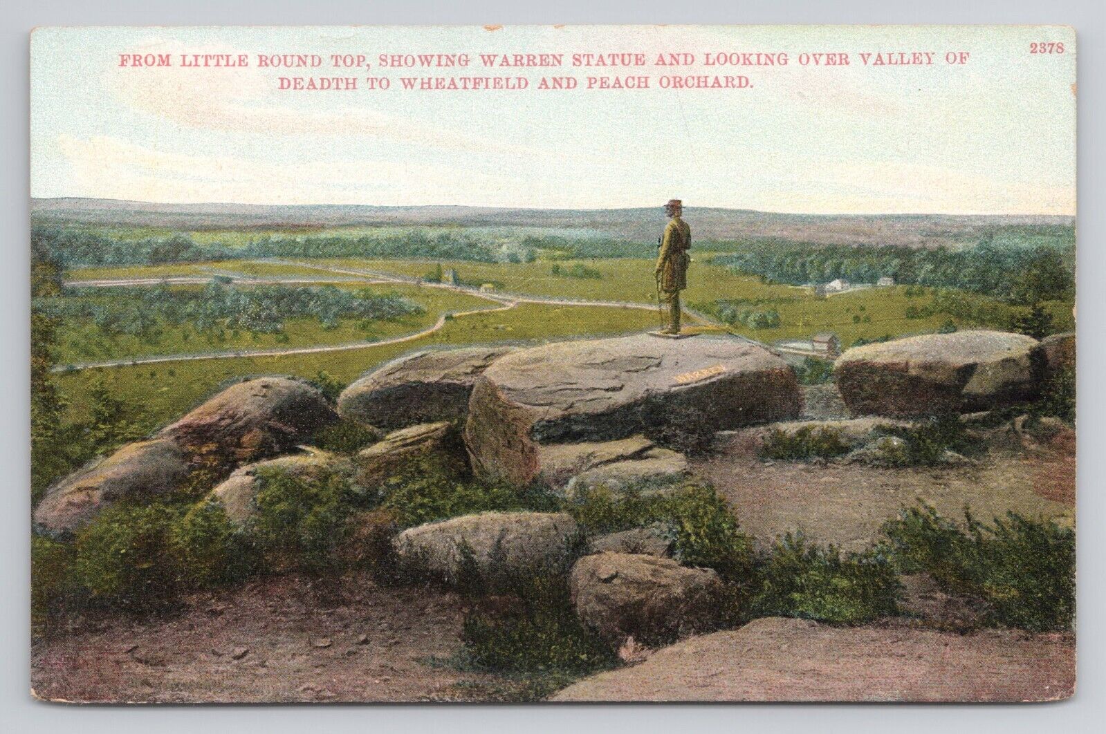 From Little Round Top Showing Warren Statue Gettysburg Pennsylvania Postcard
