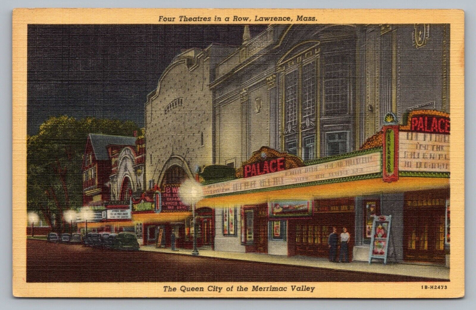 Lawrence MA Four Theatres Row Street View Movie Theaters Night Postcard Vtg D7