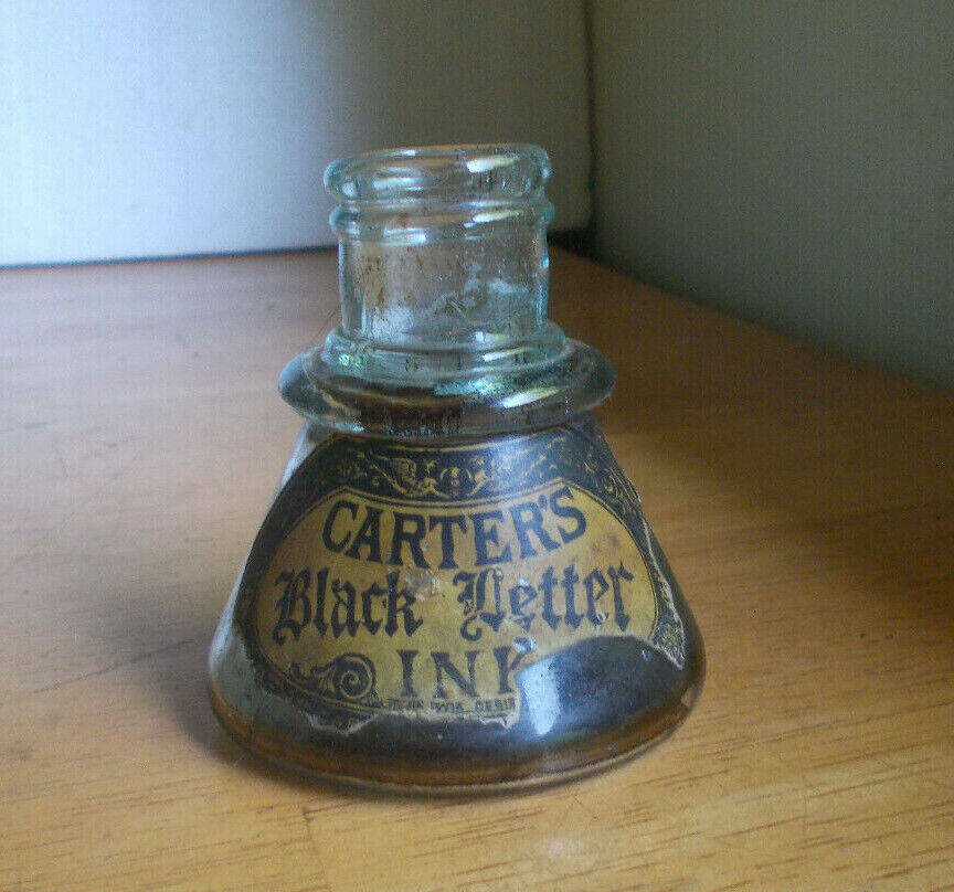 1880s CARTER'S BLACK LETTER INK ORIGINAL LABELED CONE INK BOTTLE WITH BOTTOM EMB