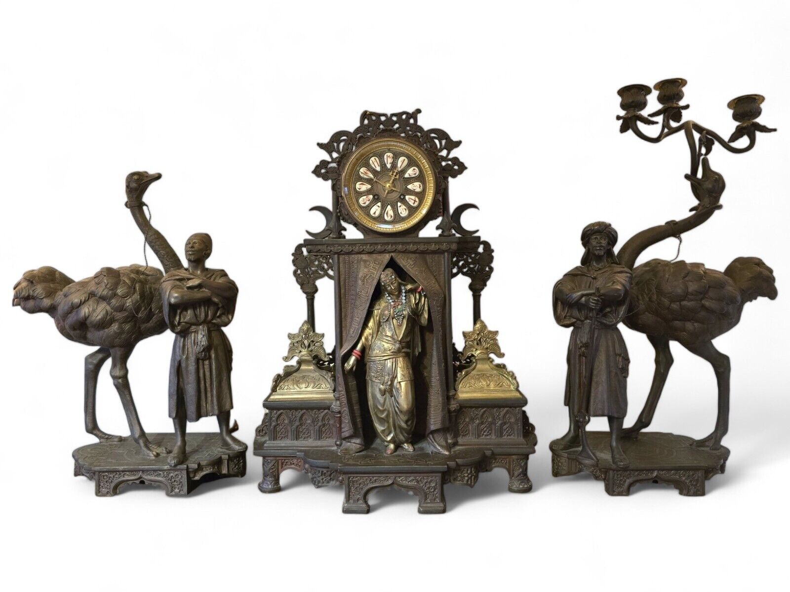 Important Late 19th C. French Orientalist Clock Set w/ Ostriches