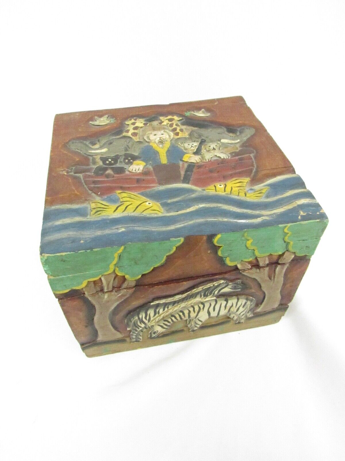 Vintage Hand Carved Decorative Box Noah's Ark Wooden Folk Art Hand Painted