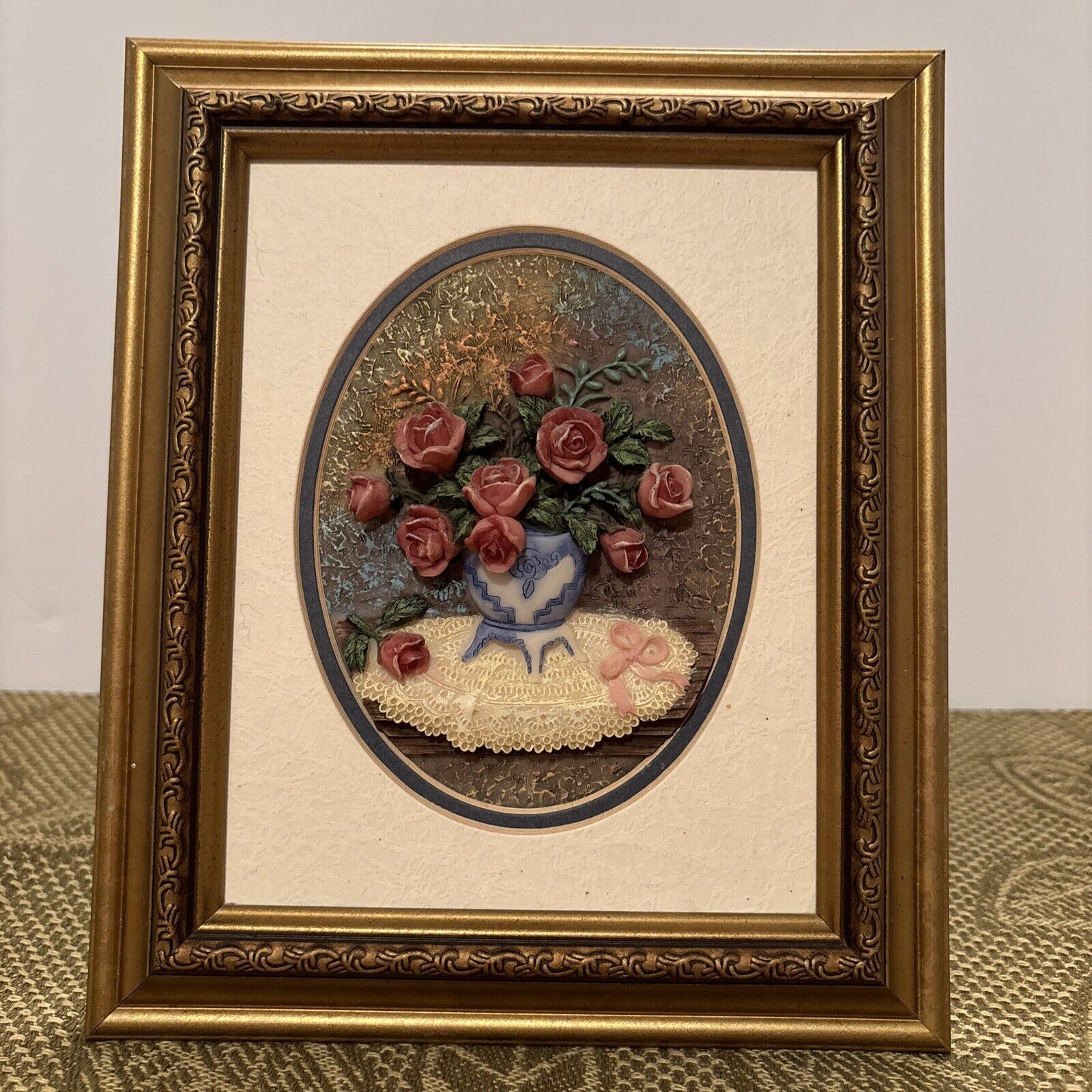 Vintage 3D Resin Rose Framed Wall Table Art Hand Painted A. Richesco Corp.