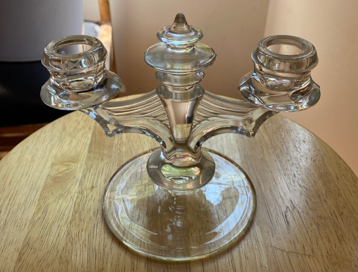 Vintage Two Armed Clear Glass Candelabra Candle Holder