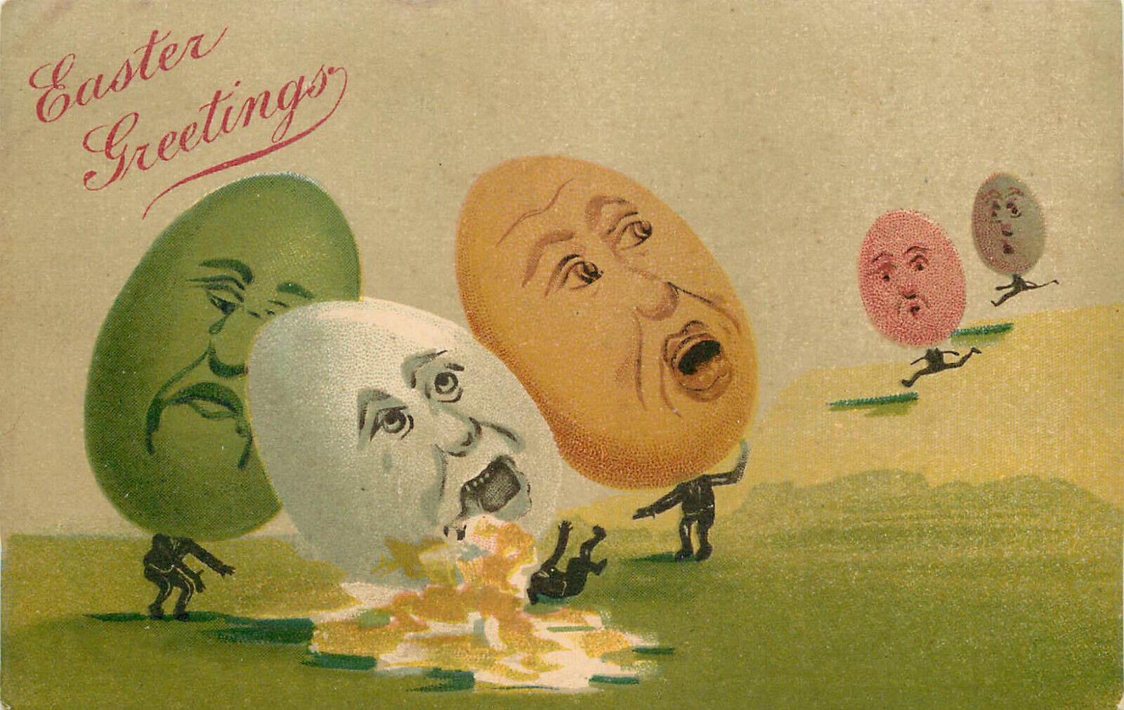 Easter Postcard Giant Anthropomorphic Egg Head Breaks, Others Run to Help