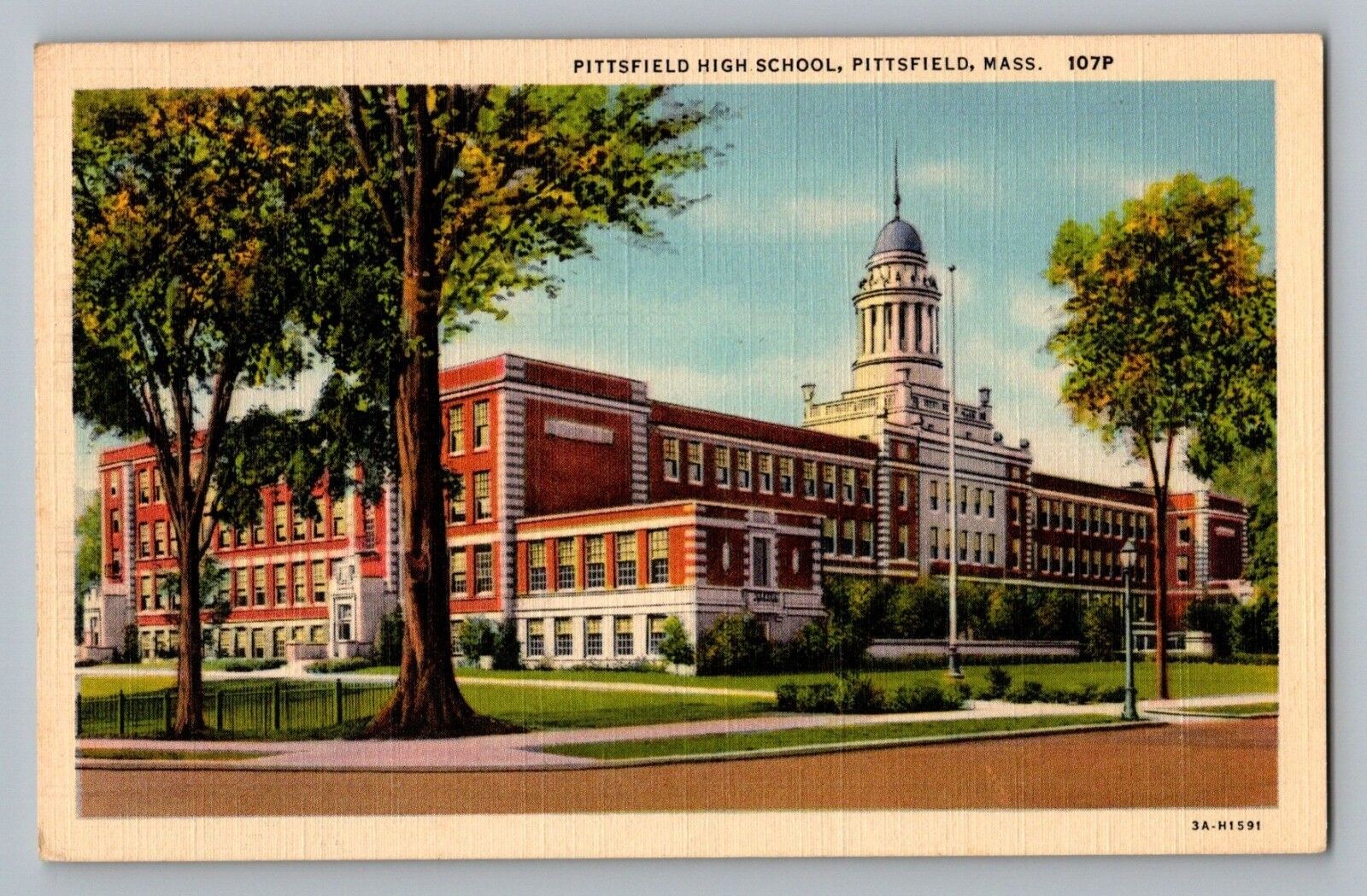 Pittsfield Massachusetts MA High School Building View Curt Teich Postcard 1933
