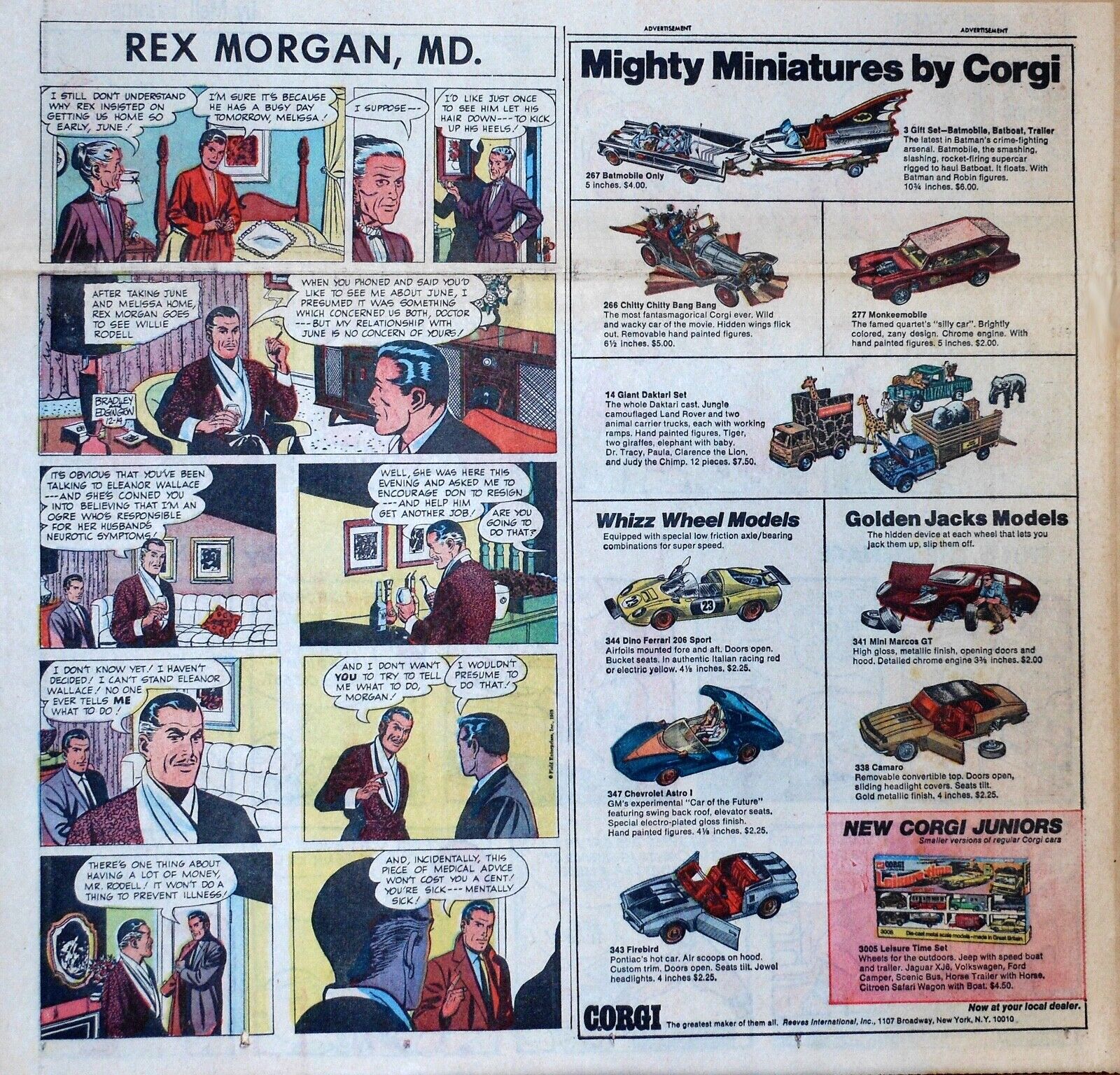 Corgi Mighty Miniatures - 1969 Sunday comic ad page - Monkee Mobile, Batmobile