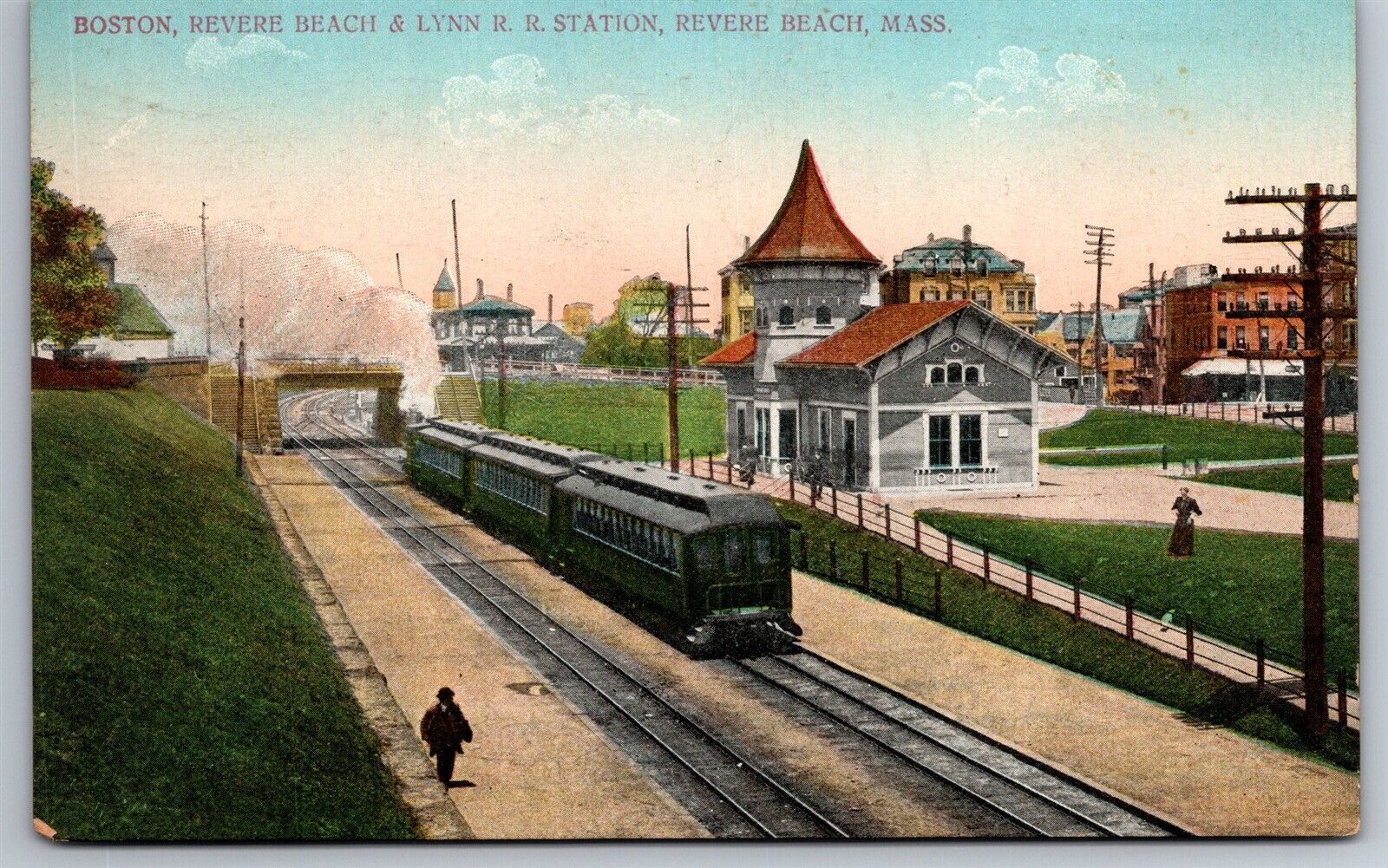 Lynn RR Station Birdseye Train Depot Revere Beach Mass C1909 DB Postcard M9