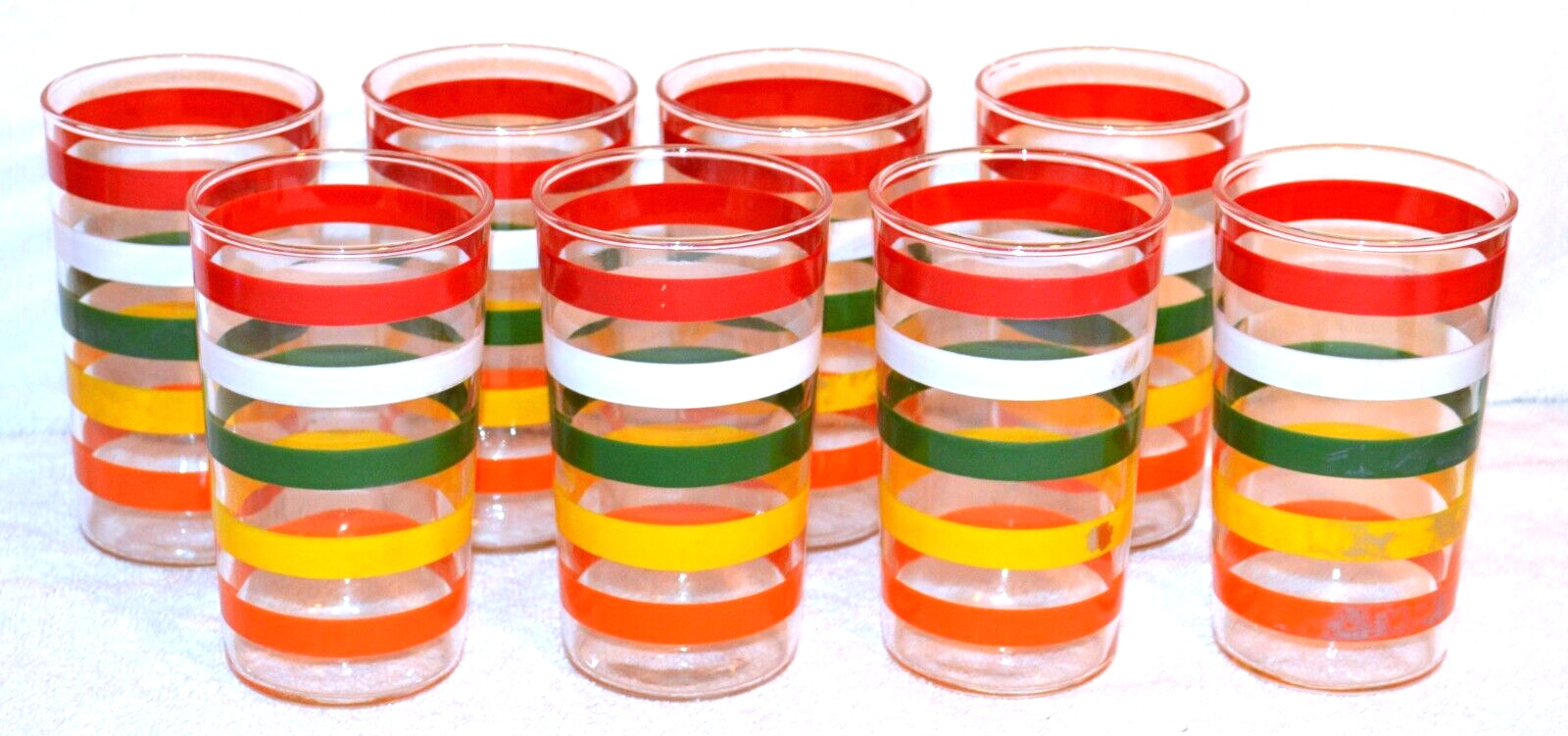 8 VINTAGE ANCHOR HOCKING STRIPED GLASSES FIESTA BANDS 8 OUNCE MCM TUMBLERS