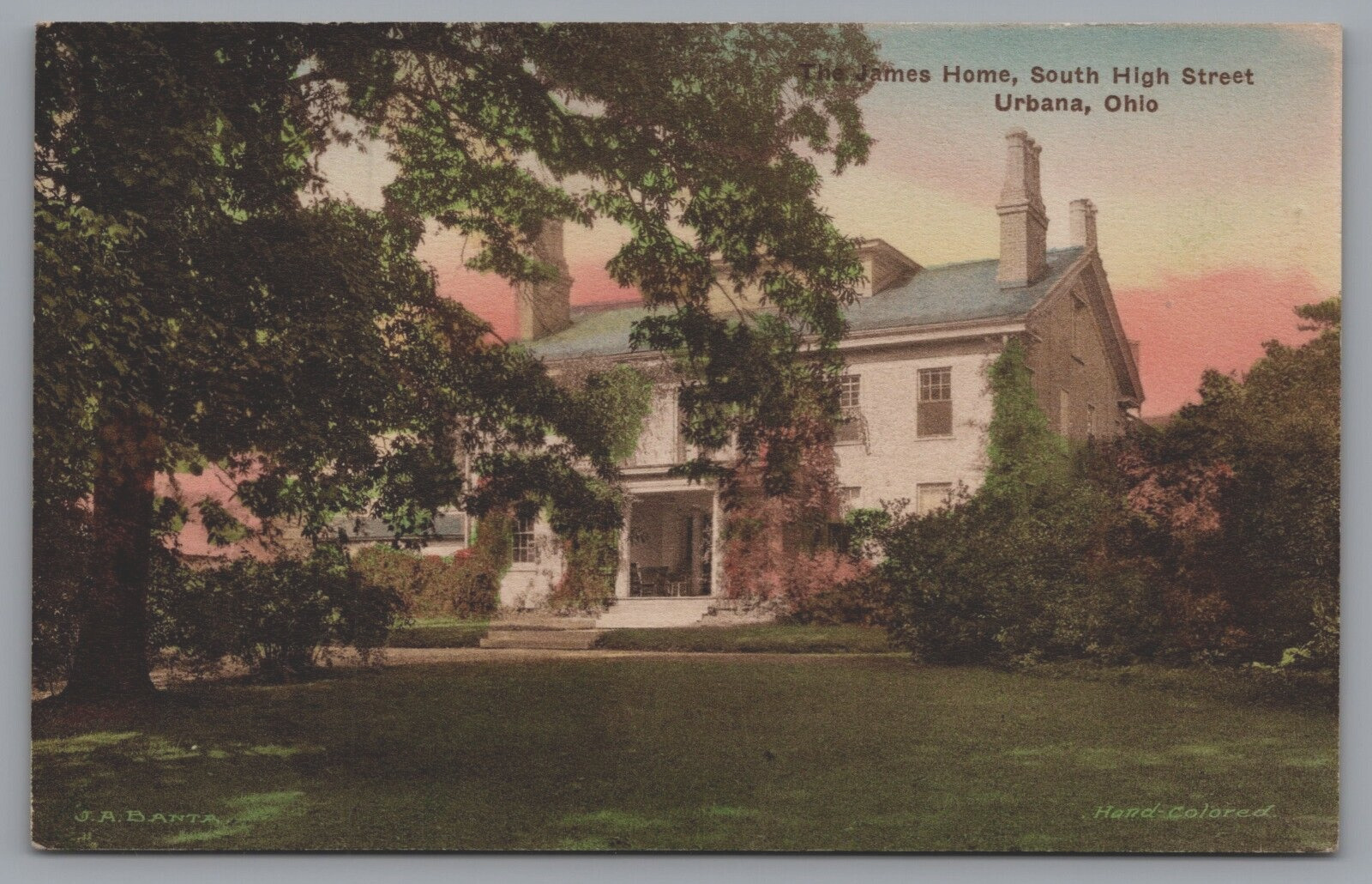 The James Home South High Street Urbana Ohio, Hand Colored Vintage Postcard 1938