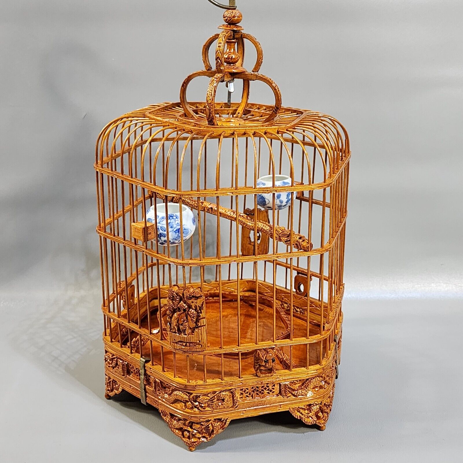 Vintage Bent Bamboo Bird Cage Hand Carved Dragons 17