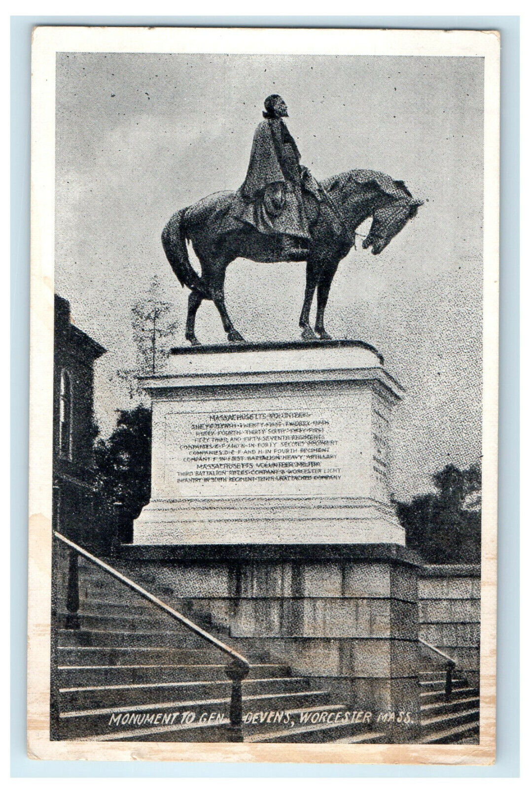 c1930s Monument to Gen. Devens, Worcester Massachusetts MA Vintage Postcard