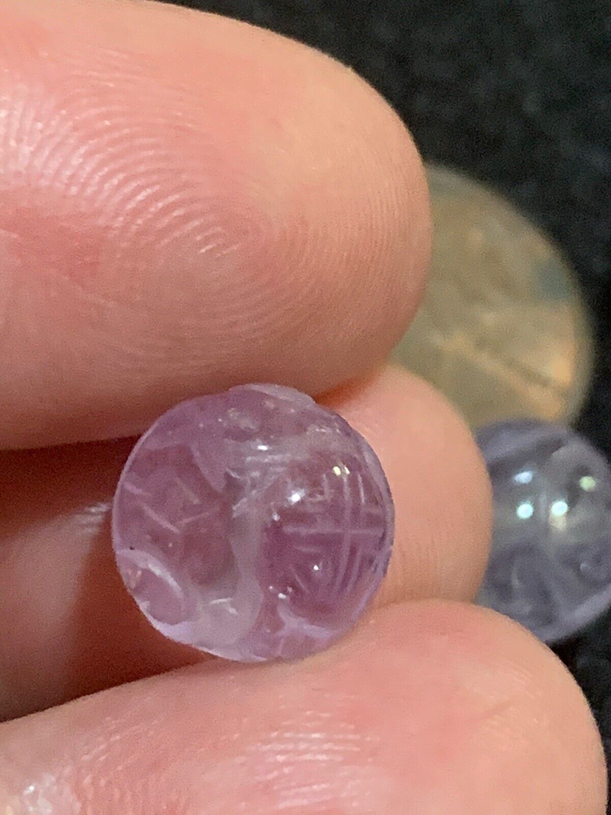 One Vintage Carved Chinese Bead Purple Lavender Amethyst Double Shou 10mm Round 