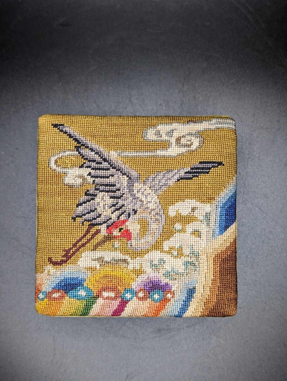 Vtg Trinket Box Crane Bird Petit Point Needlepoint Gold/Yellow Silk Lid Asian