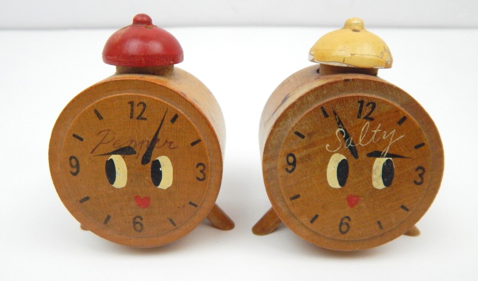 5J Pair BP Japan Salty Peppy Salt & Pepper Shakers Wood Alarm Clock Cute