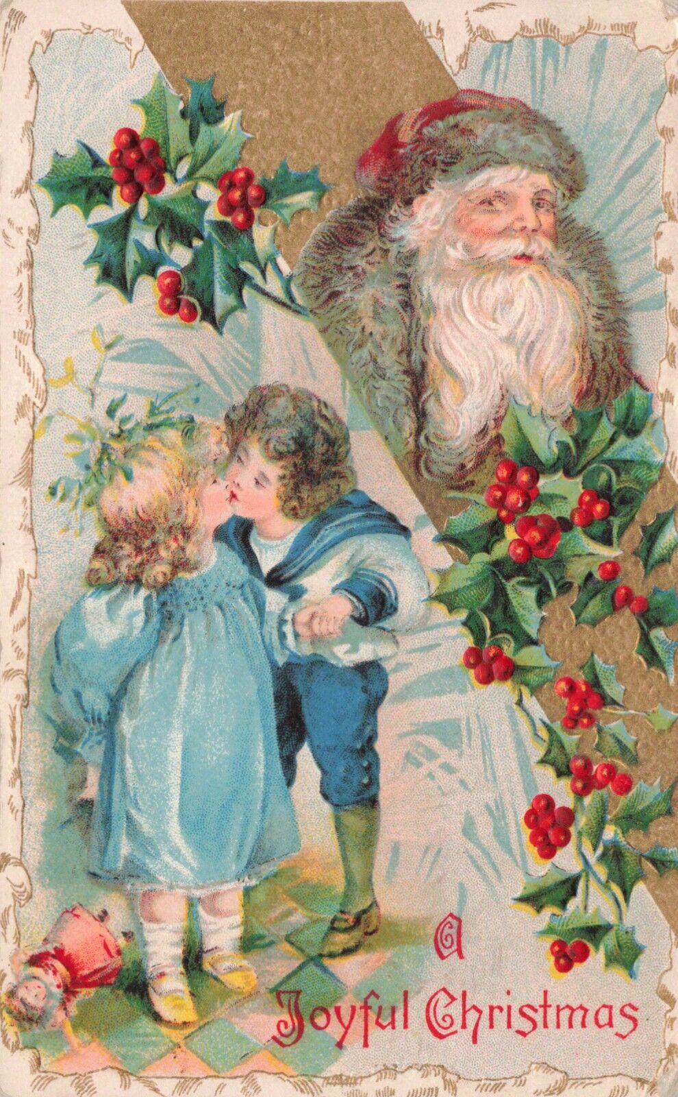 Old World Santa Claus Watches as Children Kiss Christmas Winsch Postcard